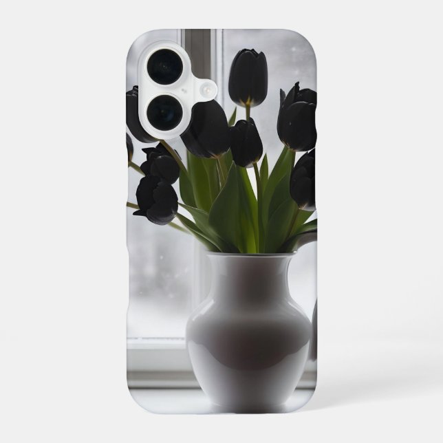 "Frosted Elegance: Black Tulips in a White Vase iPhone Case (Back)