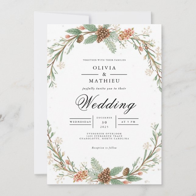 Frosted Evergreen Arch Romance Wedding Invitation (Front)