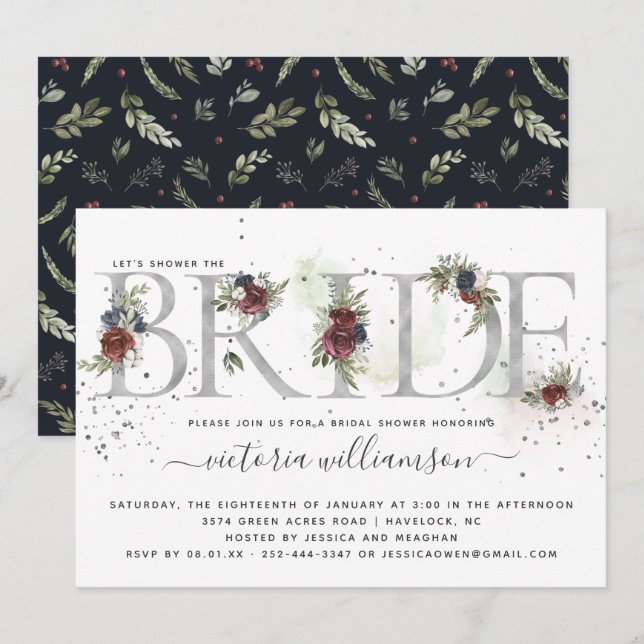 Frosted Floral Silver Winter Bridal Shower Invitation (Front/Back)