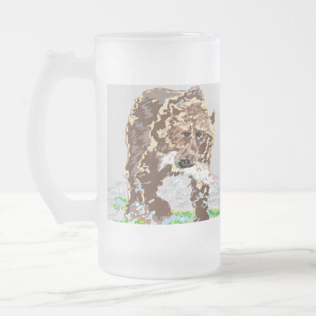 Frosted Glass Beer Mug/ Grizzly Bear Mug (Left)