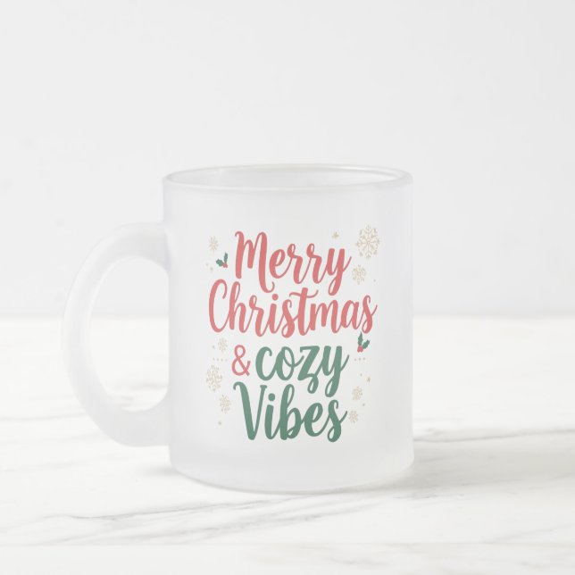 Frosted Glass Christmas Gift , Cozy Holiday Quote  Frosted Glass Coffee Mug (Left)