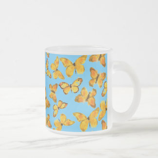 Frosted Glass Mug, Golden Butterflies on Sky Blue Frosted Glass Coffee Mug