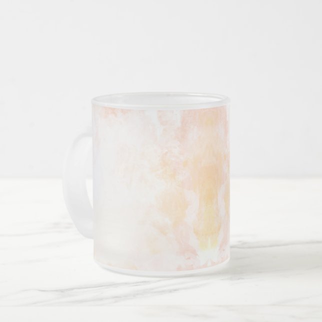 Frosted glass mug with a subtle pinkish-orange  (Front Left)