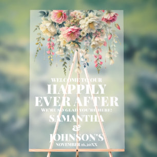 Frosted Happily Ever After Floral Wedding Welcome Acrylic Sign