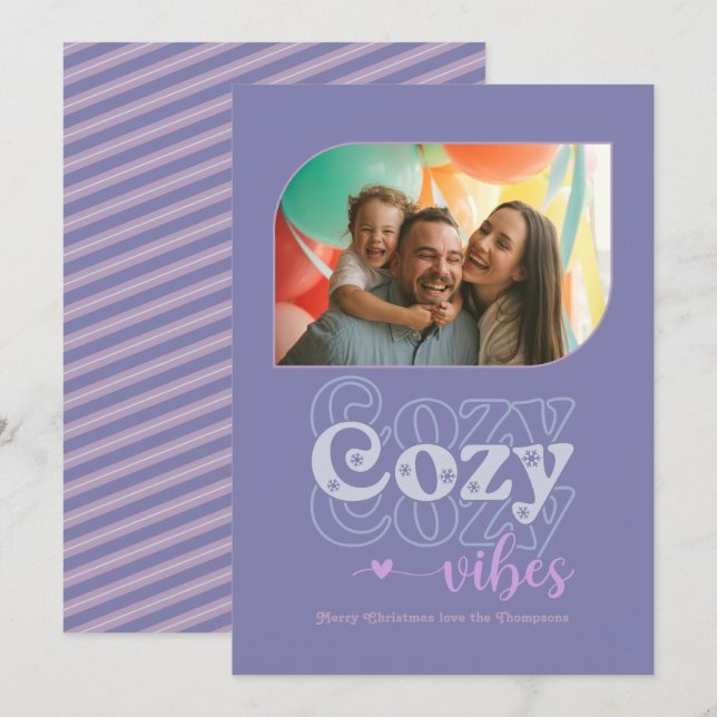 Frosted Lavender Cozy Vibes Only Christmas Photo Holiday Card (Front/Back)