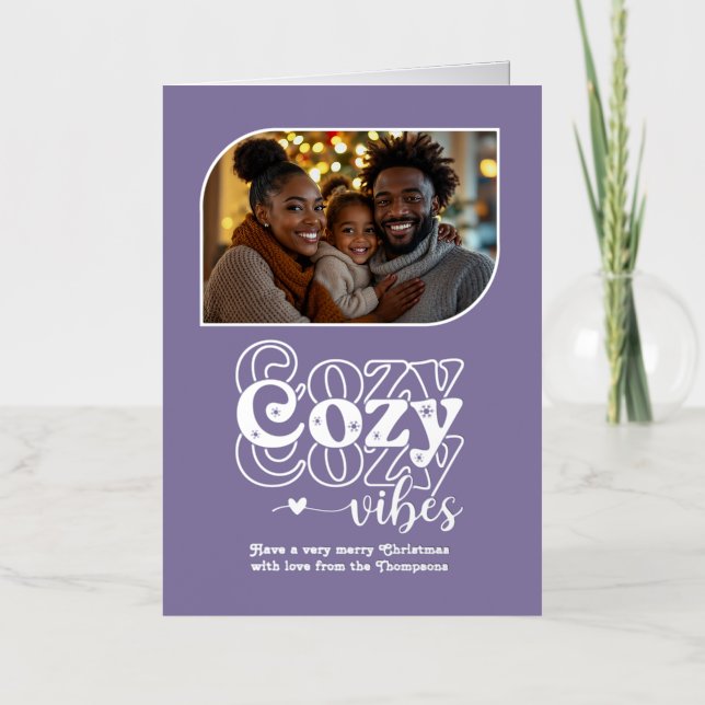 Frosted Lilac Cozy Vibes Christmas Photo Foil Holiday Card (Front)
