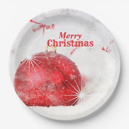 Frosted Merry Christmas Red Bauble Ornament Paper Plates