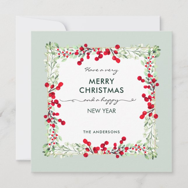 Frosted Mint Green Red Winter Botanical Christmas Holiday Card (Front)