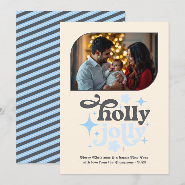Frosted Morning Modern Blue Christmas Photo Holiday Card (Front/Back)