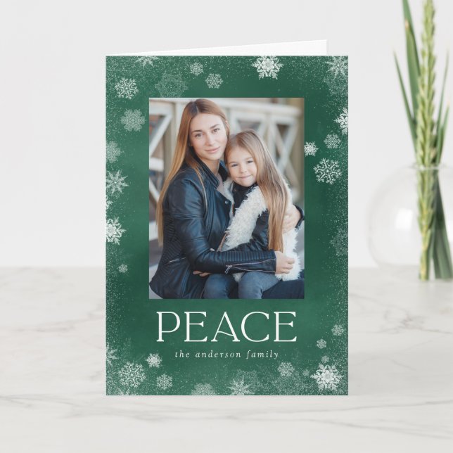 Frosted Peace Green Watercolor Holiday Photo Card (Front)