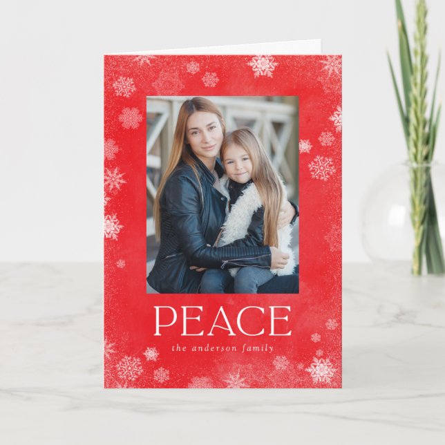 Frosted Peace Red Watercolor Holiday Photo Card (Front)