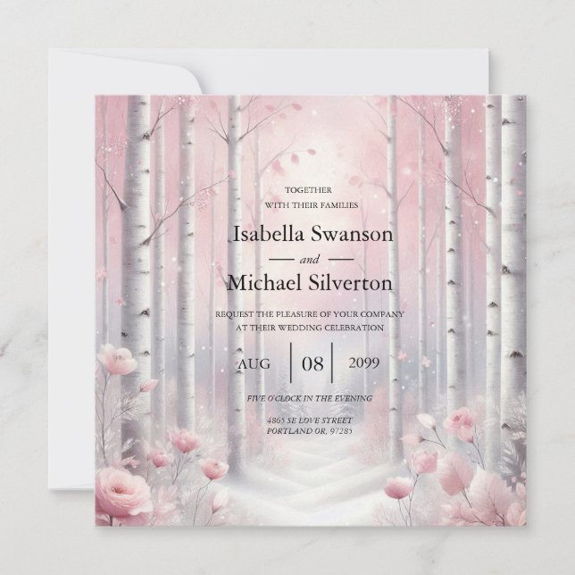 Frosted Petals in a Winter Woodland Wedding Invitation (Front)