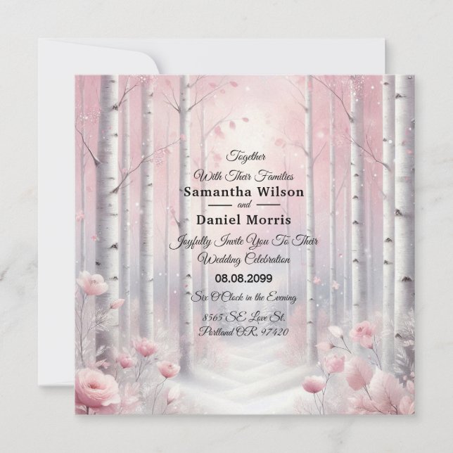 Frosted Petals in a Winter Woodland Wedding Invitation (Front)