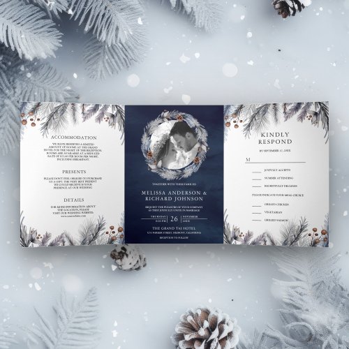 Frosted Pine Leaves Winter Navy Blue Wedding Tri_Fold Invitation