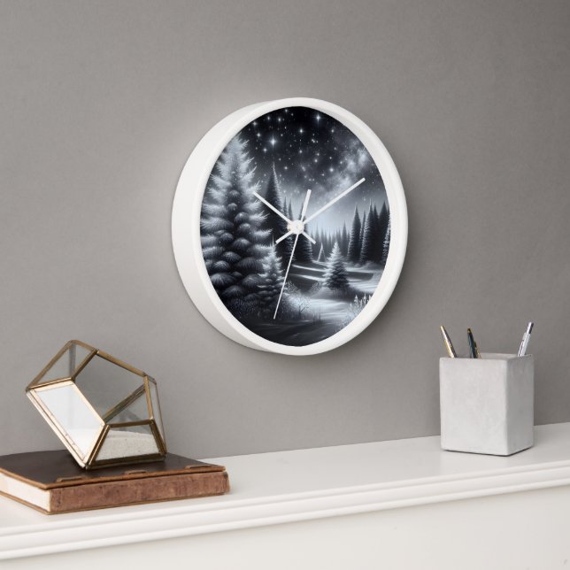 Frosted Pine Trees In Winter Clock (Office)