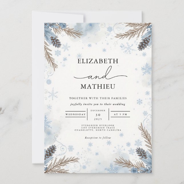 Frosted Pine Winter Blooms Wedding Invitation (Front)