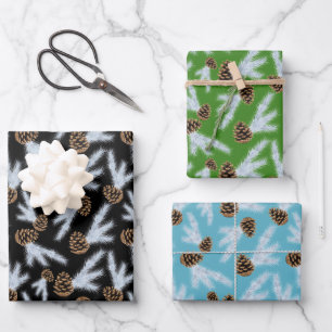 Frosted Pinecone Evergreen Christmas Pattern Wrapping Paper Sheets