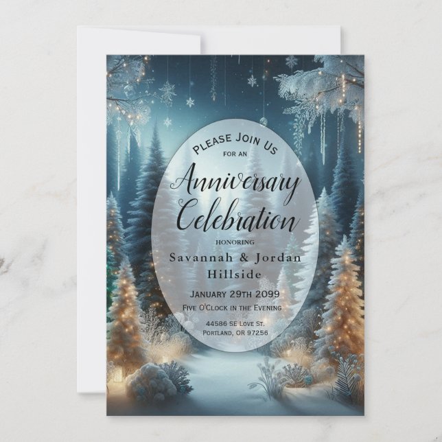 Frosted Pines in Winter Glow Anniversary Party Invitation (Front)