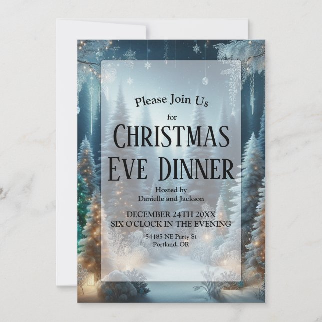 Frosted Pines in Winter Glow Christmas Eve Dinner Invitation (Front)