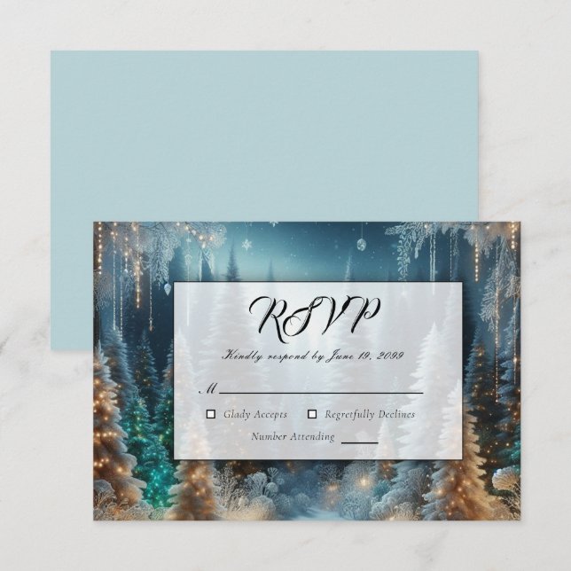 Frosted Pines in Winter Glow Wedding RSVP Card (Front/Back)