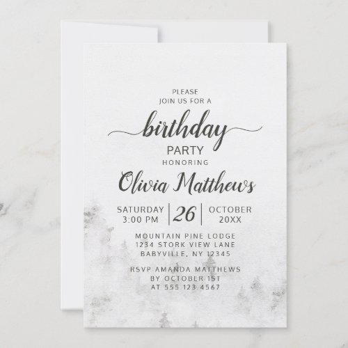 Frosted Pines Rustic White Mountain Birthday Party Invitation