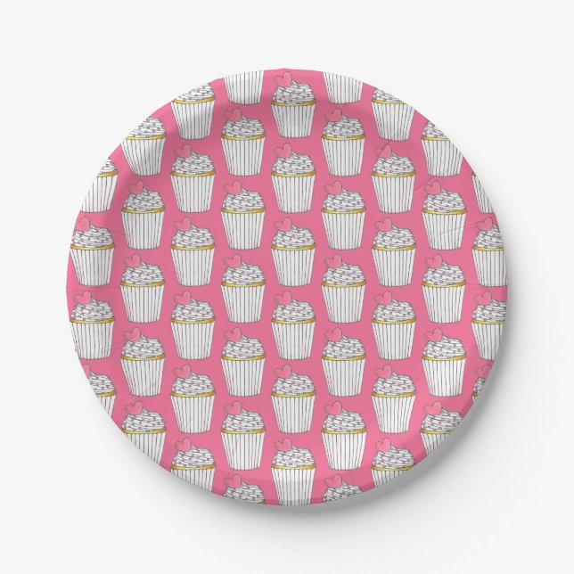 Frosted Pink Heart Cupcake Sprinkles Dessert Love Paper Plates (Front)