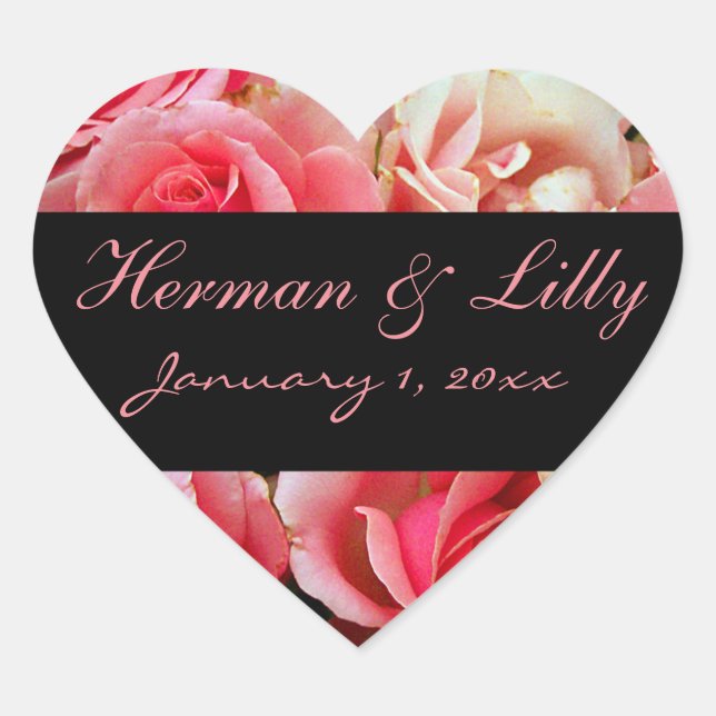 Frosted Pink Roses Personalized Wedding Heart Sticker (Front)