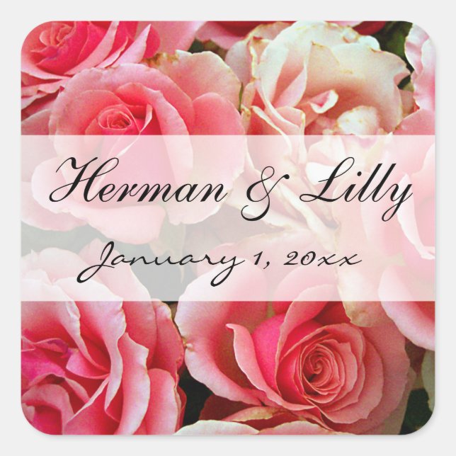 Frosted Pink Roses Personalized Wedding Square Sticker (Front)