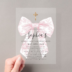 FROSTED Pink Toile Bow Cross Girl First Communion Acrylic Invitations