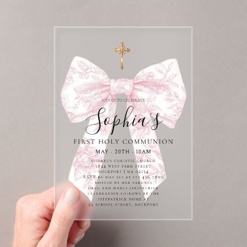 FROSTED Pink Toile Bow Cross Girl First Communion