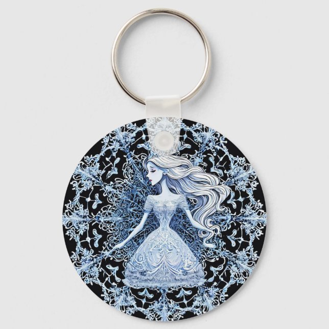 Frosted Princess Surrounded by Intricate Snowflake Keychain (Front)
