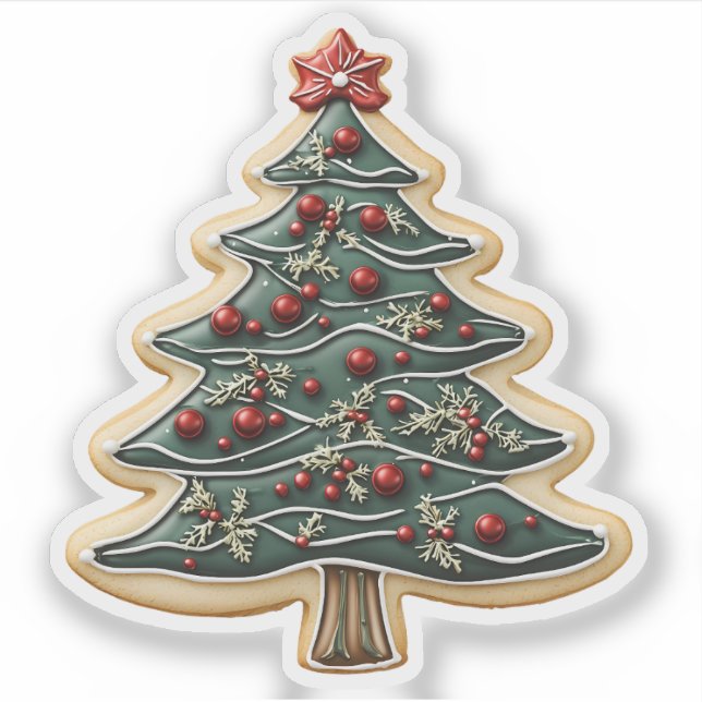 Frosted Red and Green Christmas Tree Cookie Sticker (Front)