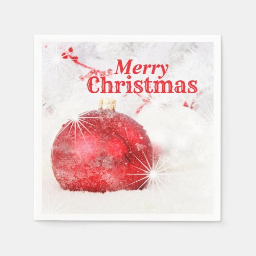 Frosted Red Merry Christmas Bauble Ornament Napkins
