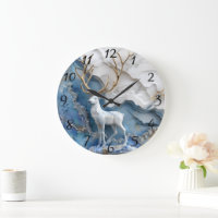 Frosted Reindeer Christmas Scene Large Clock