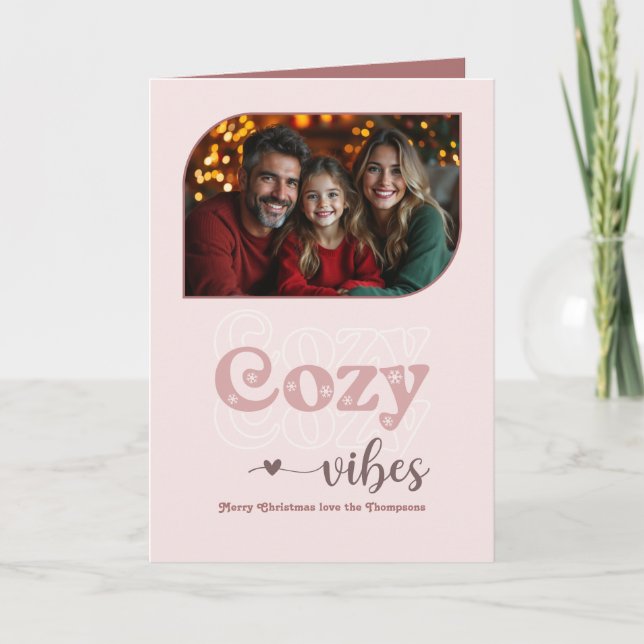 Frosted Rose Cozy Vibes Retro Christmas Photo Holiday Card (Front)