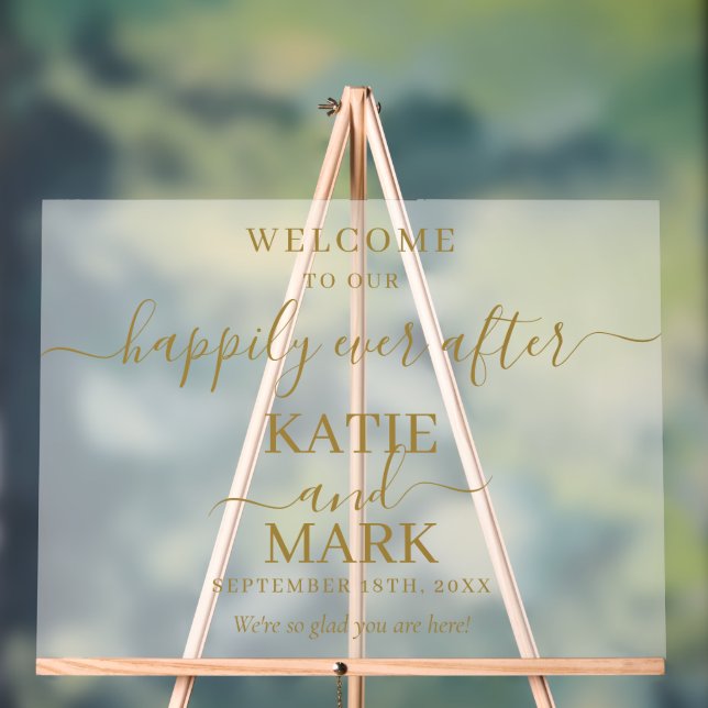 Frosted Script Happily Ever After Gold Welcome Acrylic Sign (Neutral)