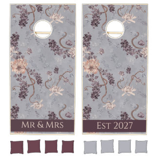 Frosted Silvery Grey Floral Winter Wedding Cornhole Set