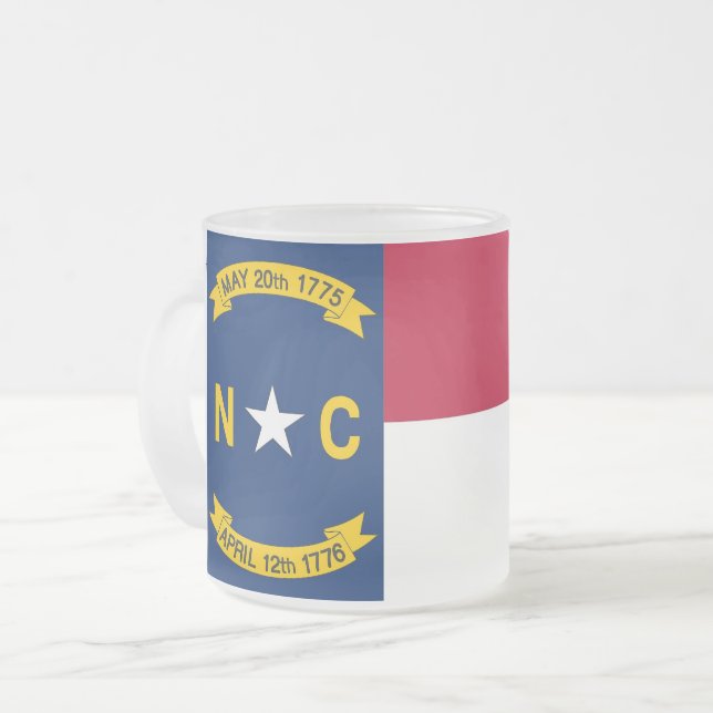 Frosted small glass mug with flag North Carolina (Front Left)