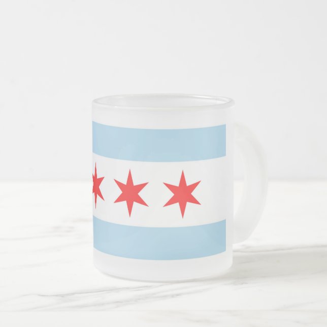 Frosted small glass mug with flag of Chicago (Front Right)
