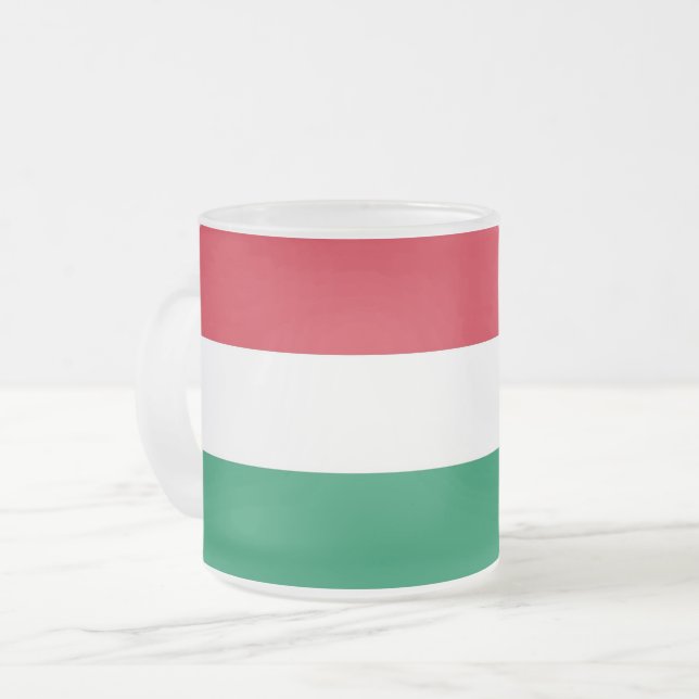 Frosted small glass mug with flag of Hungary (Front Left)
