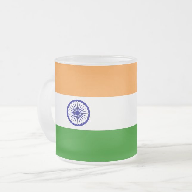 Frosted small glass mug with flag of India (Front Left)