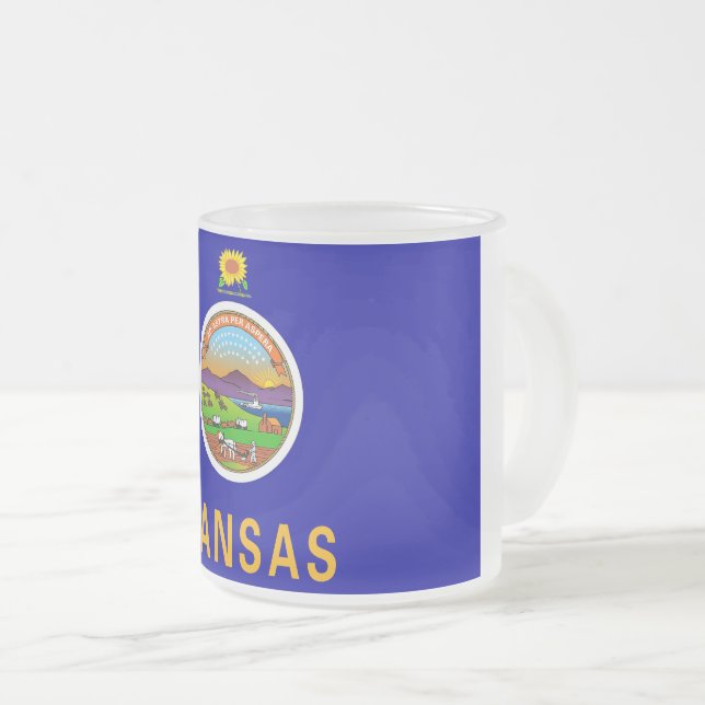 Frosted small glass mug with flag of Kansas (Front Right)