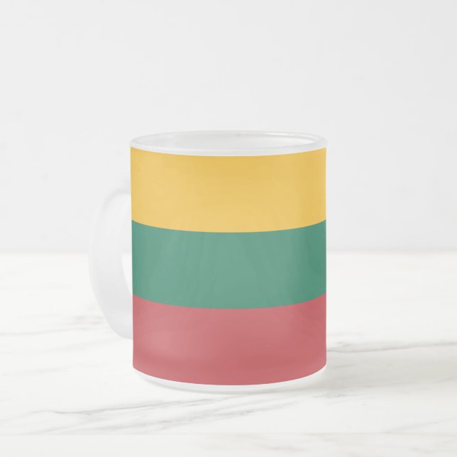 Frosted small glass mug with flag of Lithuania (Front Left)