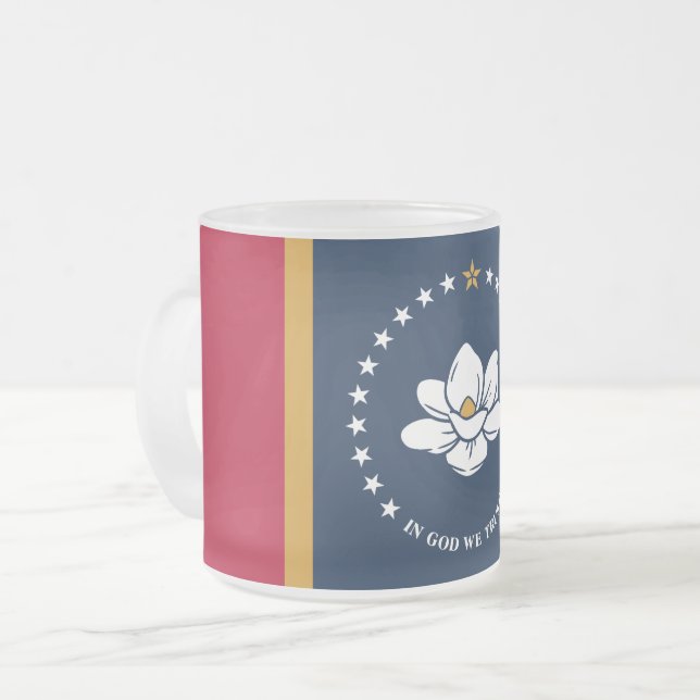 Frosted small glass mug with flag of Mississippi (Front Left)