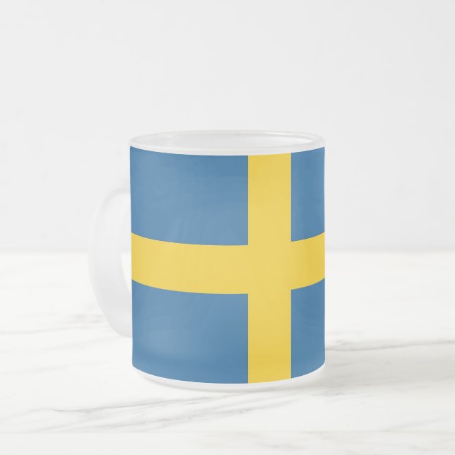 Frosted small glass mug with flag of Sweden (Front Left)