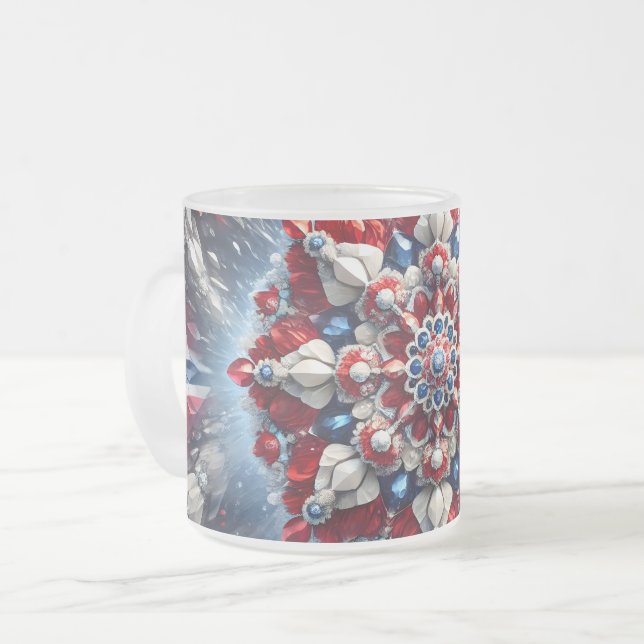 Frosted small glass mug with Norwegian Colors (Front Left)