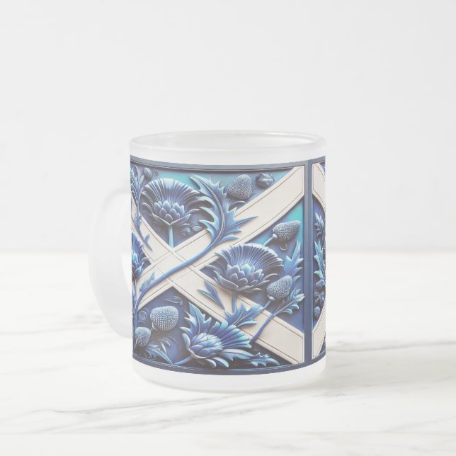 Frosted small glass mug with Scottish Thistles (Front Left)