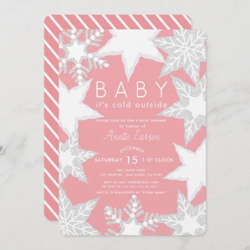 Frosted Snowflakes Pink Winter Baby Shower Invitation
