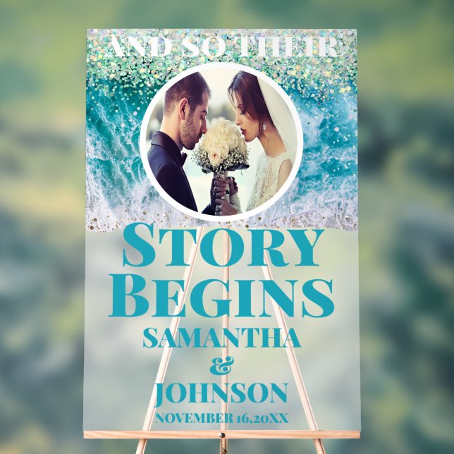 Frosted story begins Beach Wedding Welcome  Acrylic Sign (Neutral)