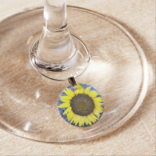 Frosted Sunflower Close Up Photograph Wine Glass Charm